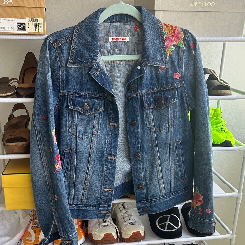 Johnny Was Blue Denim Jacket with Floral Embroidery